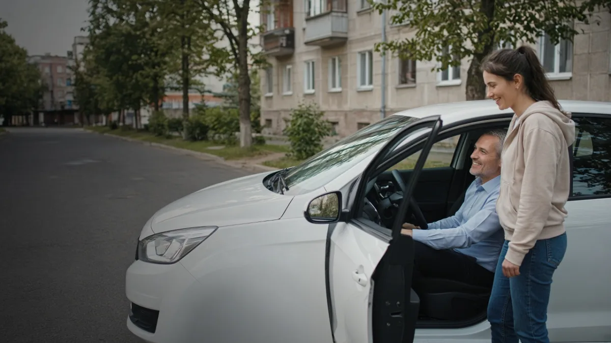 Автошкола в Слуцке: инструктор и ученица у учебного автомобиля во дворе